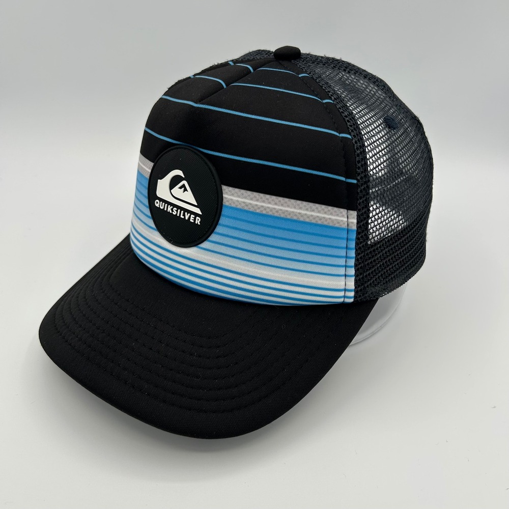 Quiksilver Trucker Hat Snapback Men OSFM Black Blue Striped Surf Skate